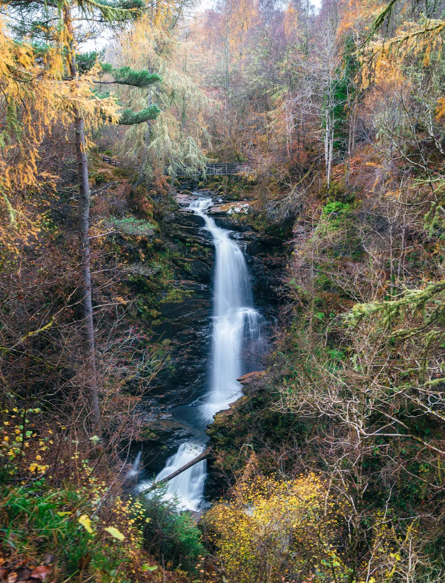 Cascada entre paredes de roca y árboles con hojas verdes y amarillas, fotografiada en encuadre vertical.